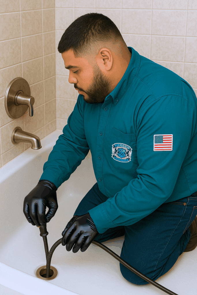 Elite Rooter Technician Cleaning a Bathtub
